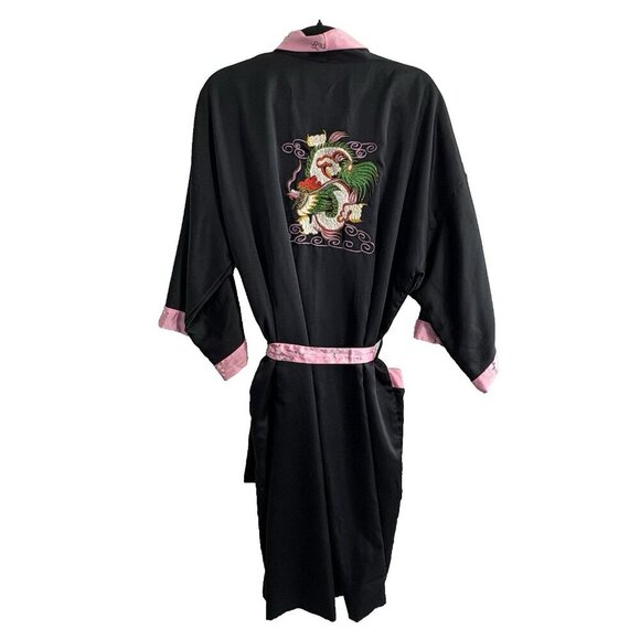 JAPANESE Women Reversible Robe One SZ Black Pink Embroidered Dragon Kimono 65-3 - Picture 4 of 13